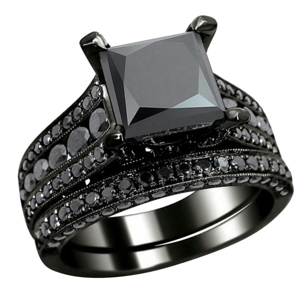 Black Gray Wedding Engagement Ring Band Set